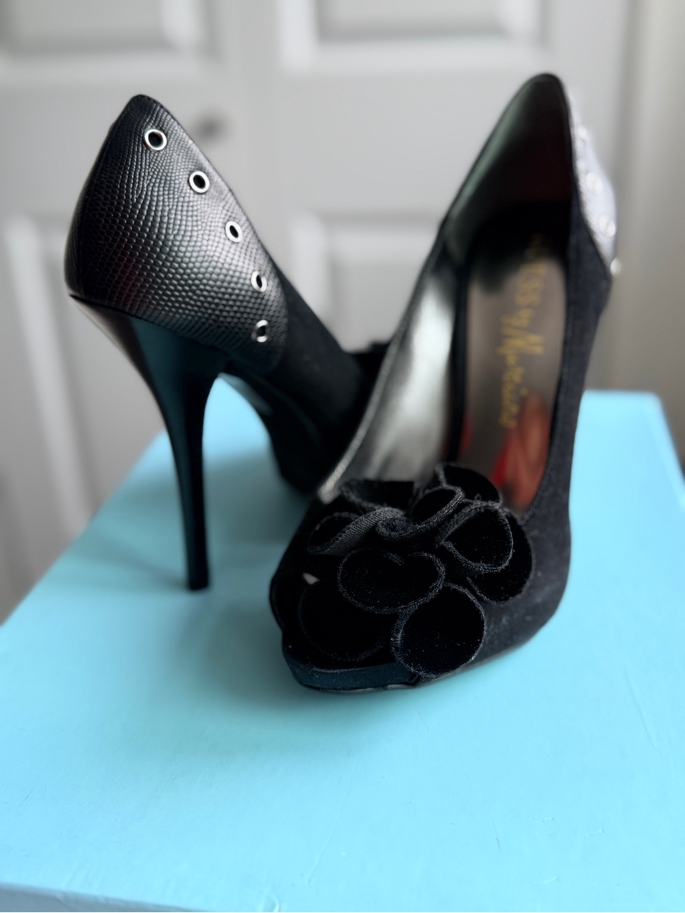 Marciano Black suede Floral Peep-Toe Heels